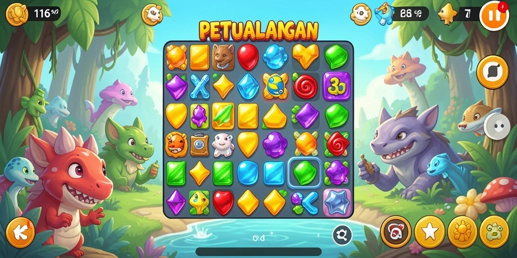 Screenshot 116X menampilkan gameplay seru dari level Match-3.
