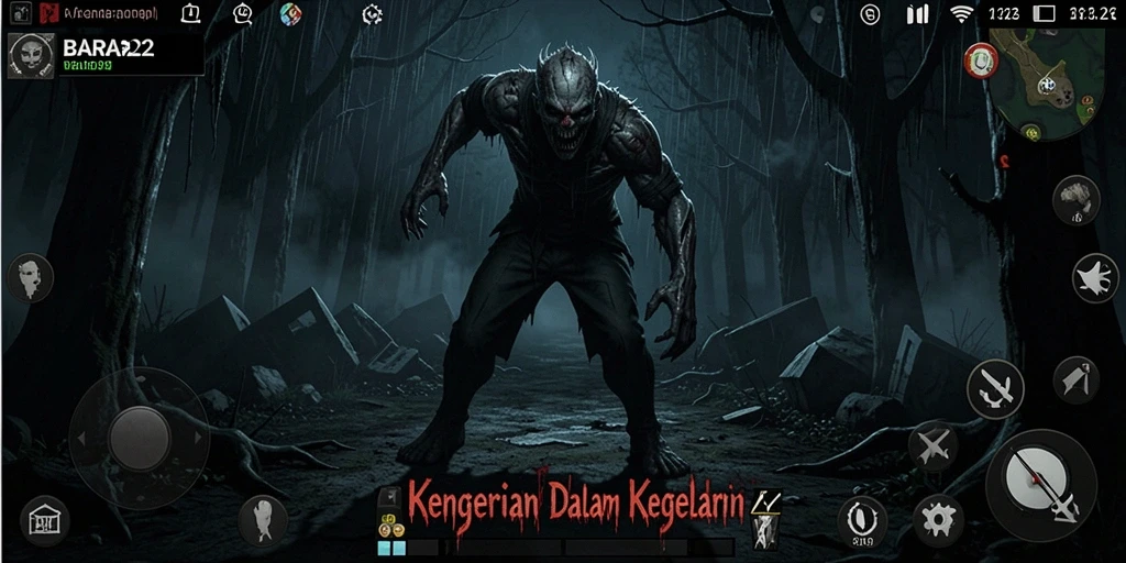 Tampilan menegangkan gameplay BARA22 yang penuh kegelapan.