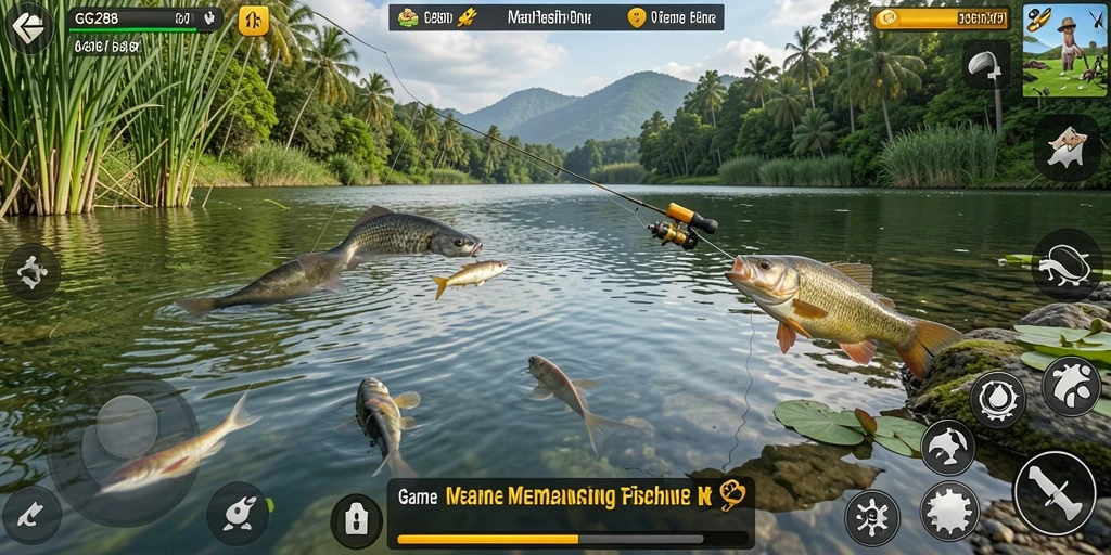 Screenshot gameplay GG288 menampilkan aksi memancing yang menegangkan.