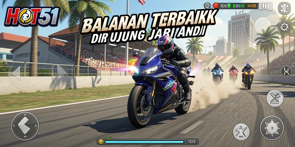 Screenshot HOT51 menunjukkan aksi balapan motor yang mendebarkan.