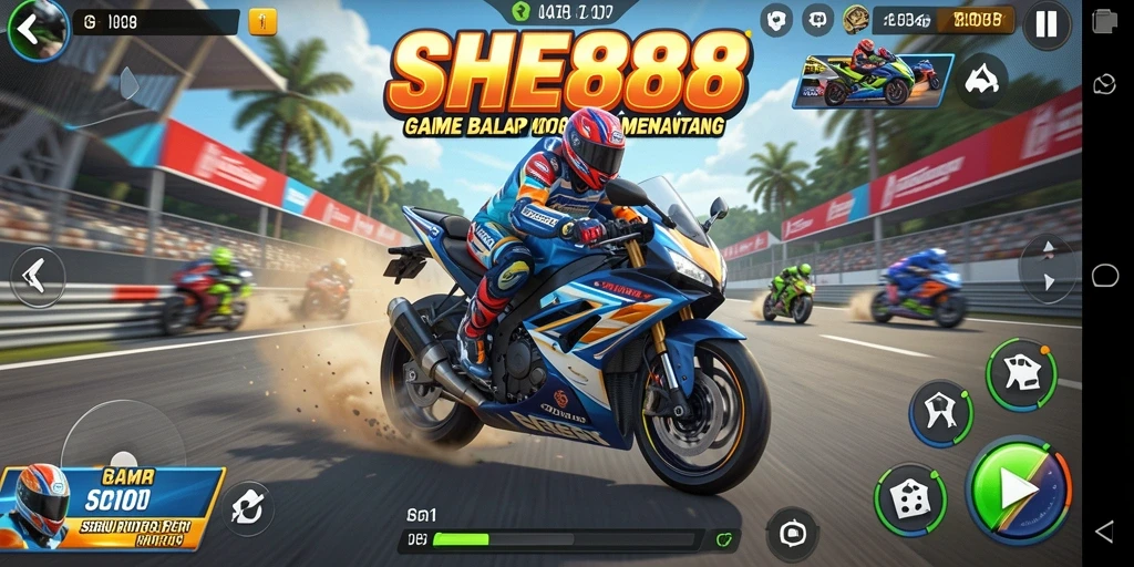 Tampilan gameplay seru di SHE888 dengan aksi balap motor yang mendebarkan.